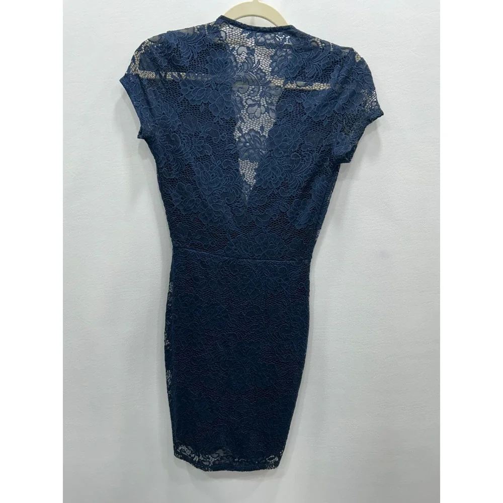 Lucy In The Sky Womens Size XS Blue Lace Overlay Mini‎ Dress Wedding Prom Sheer